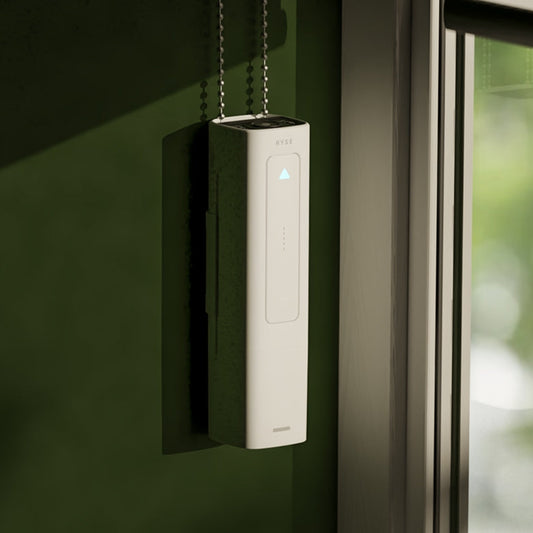 RYSE SmartShade controlled from the RYSE app on a smartphone, showing Bluetooth and WiFi control options for motorized window shades